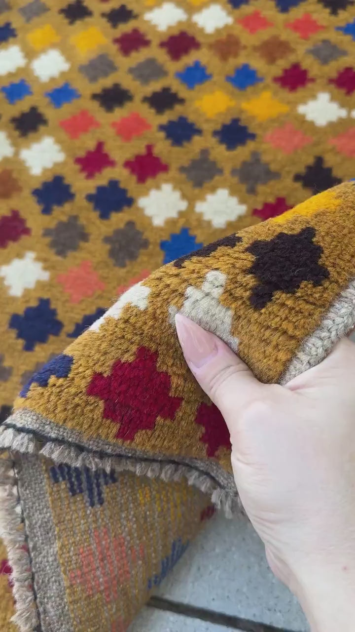 4x6 Handmade Vintage Afghan Baluch Rug | Gold Mustard Yellow White Navy Midnight Blue Brick Red Grey White Burnt Orange Black Copper Brown
