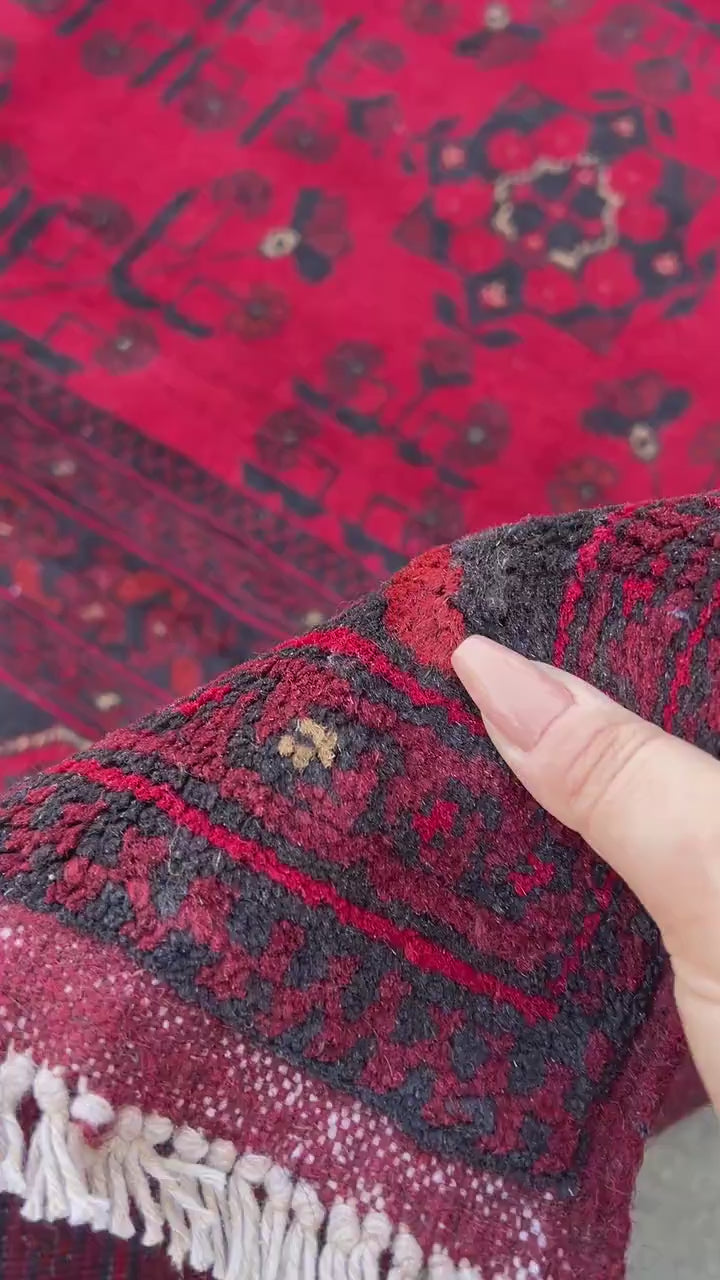 8x11-9x12 (275x365) Handmade Afghan Rug | Red Black Crimson Red Cream Beige | Khal Mohammadi Wool Knotted Oriental Turkmen Boho