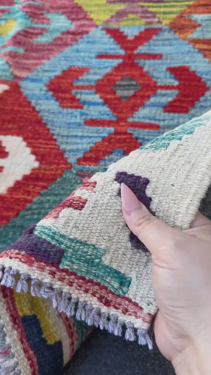 3x5 Handmade Afghan Kilim Rug | Cream Teal Denim Blue Eggplant Purple Moss Chartreuse Green Maroon Burgundy Crimson Brick Red Gold | Wool