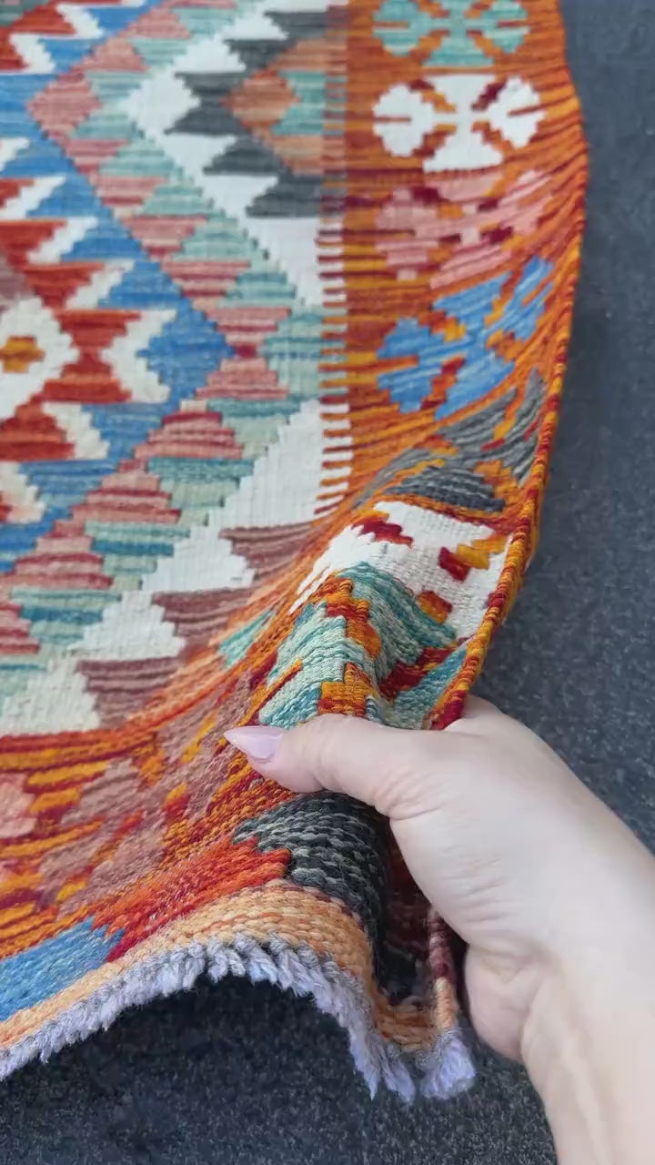 3x4 Handmade Afghan Kilim Rug | Burnt Orange Rust Red Cream White Aqua Blue Teal Navy Olive Green Mustard Yellow Purple Grey | Flatwoven