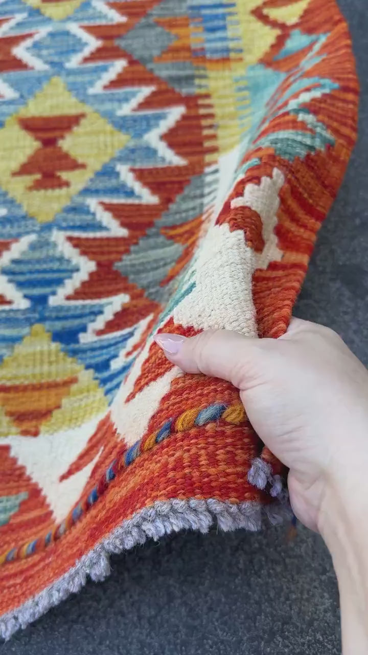 3x4 Handmade Afghan Kilim Rug | Burnt Rust Orange Denim Blue Mustard Yellow Charcoal Grey Olive Green Cream White | Wool Flatwoven
