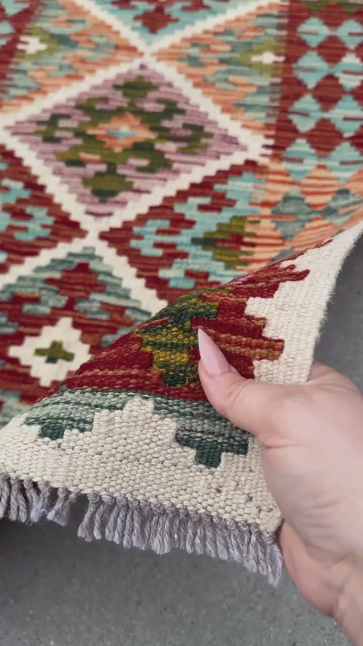 2-3x7 (80x213) Handmade Afghan Kilim Runner Rug | Cream Teal Denim Aqua Blue Rust Coral Orange Forest Moss Green Auburn Burgundy Red | Wool