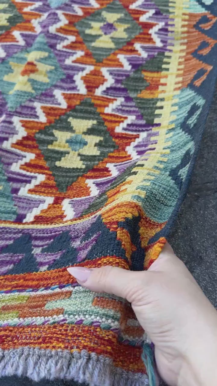 2x5 (61x152) Handmade Afghan Kilim Runner Rug | Navy Midnight Denim Blue Orange Purple Orange Grey Yellow White Cream Green | Wool Flatweave