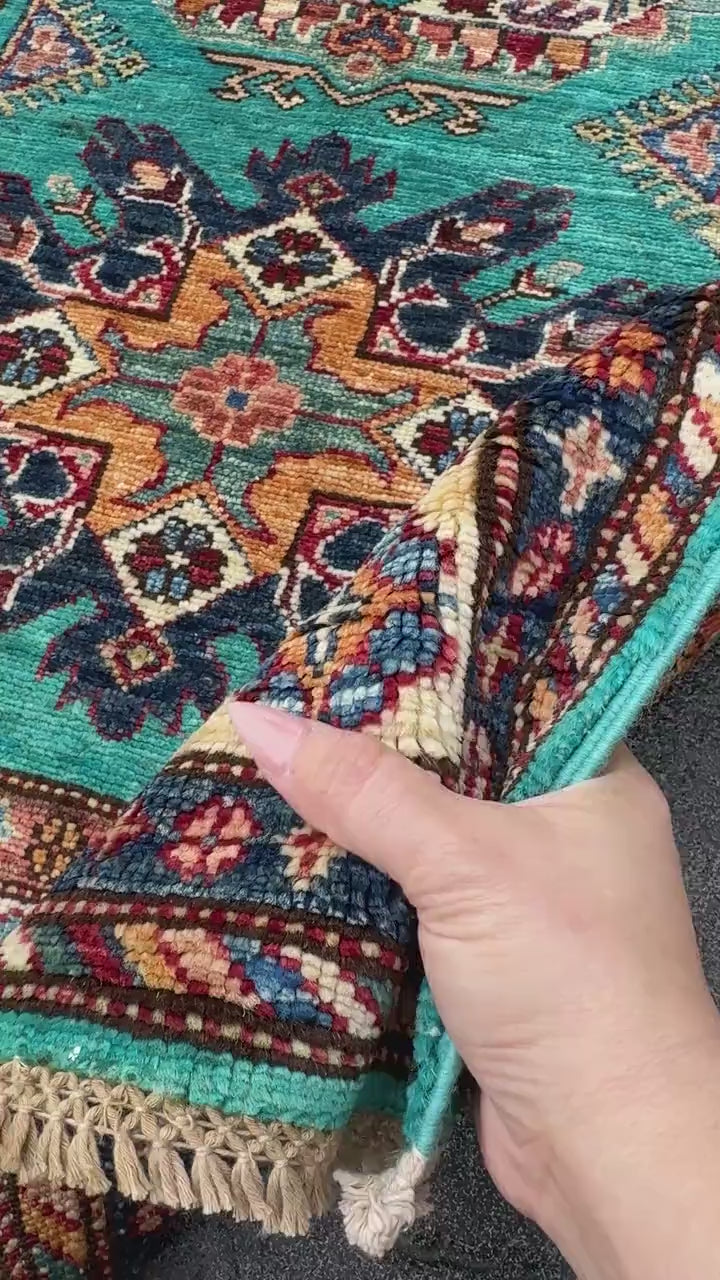 3x11 Handmade Afghan Wool Runner Rug | Teal Kazak Style Runner Rug | Tribal Hallway Runner