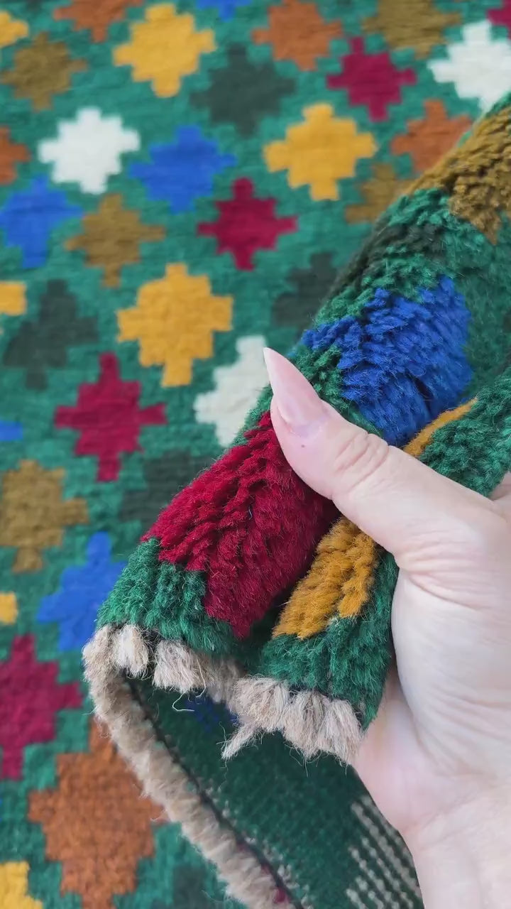 4x6 Handmade Vintage Afghan Baluch Rug | Pine Forest Olive Green Brick Red Mustard Gold Yellow Navy Blue White Copper Brown | Wool Flatwoven