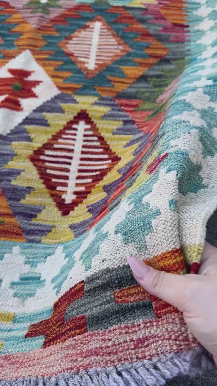 3x4 Handmade Afghan Kilim Rug | Cream White Teal Aqua Burnt Orange Mustard Yellow Olive Green Rust Red Purple Grey | Wool Flatwoven
