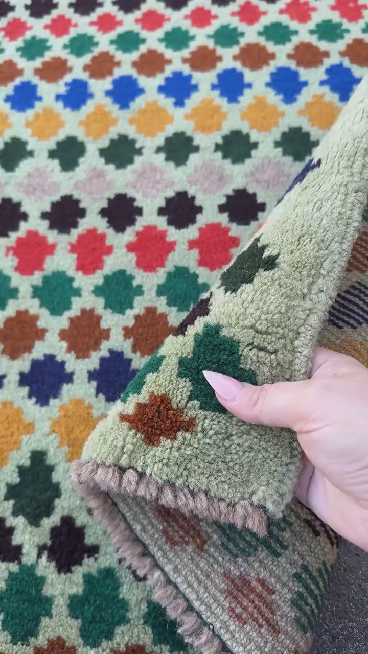 4x7 Handmade Vintage Afghan Baluch Rug | Mint Forest Pine Green Mustard Yellow Gold Copper Brown LIght Grey Black Burnt Orange Brick Red