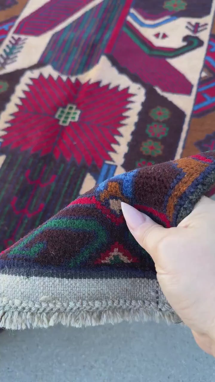 3x5 (91x152) Handmade Vintage Afghan Baluch Rug Caramel Coffee Chocolate Brown Black Crimson Maroon Red Forest Green Denim Navy Blue Cream