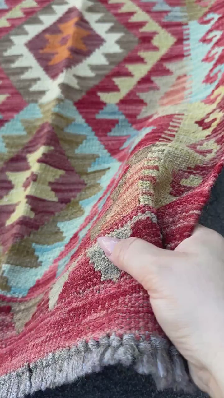 2x7 Handmade Afghan Kilim Runner Rug | Crimson Scarlet Brick Wine Red Orange Sky Baby Denim Blue Cream Beige Tan Taupe Moss Green | Wool