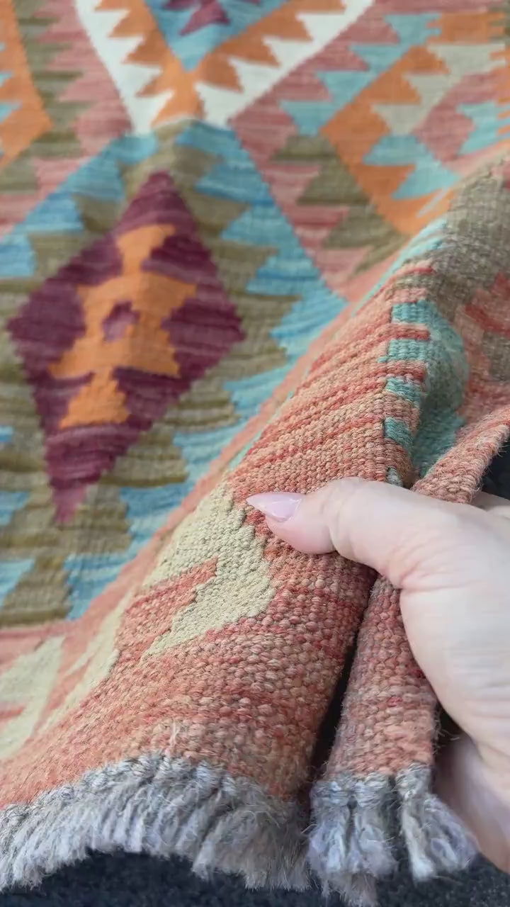 2x7 Handmade Afghan Kilim Runner Rug | Brick Garnet Wine Red Maroon Orange Sky Aqua Denim Blue Brown Moss Olive Green Cream Turquoise Taupe