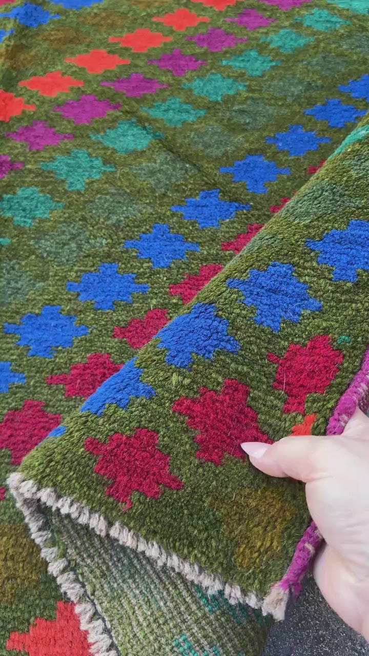 4x6 Handmade Vintage Afghan Baluch Rug | Moss Olive Forest Pine Green Brick Red Magenta Burnt Orange Navy Blue | Wool Flatwoven