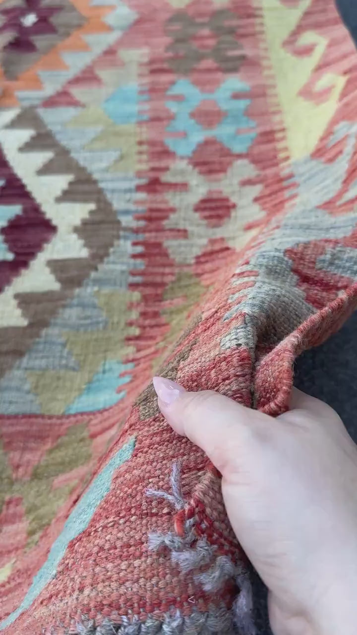 3x5 (91x152) Handmade Afghan Kilim Rug | Coral Rust Burgundy Mustard Olive Green Aqua Teal Sky Blue Beige Cream | Wool Flatwoven