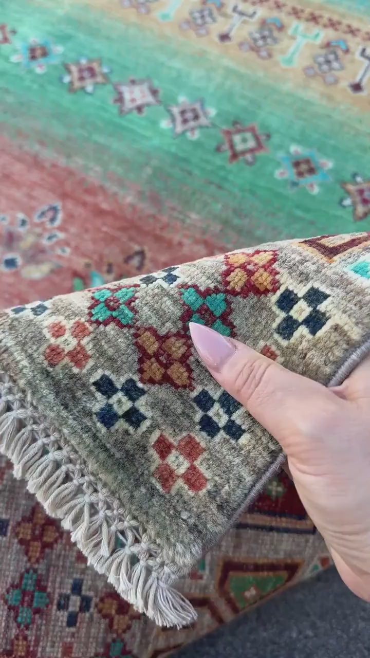 6x9 Handmade Afghan Wool Rug | Turquoise and Coral Striped Tribal Area Rug | Colorful Boho Hand-Knotted Carpet