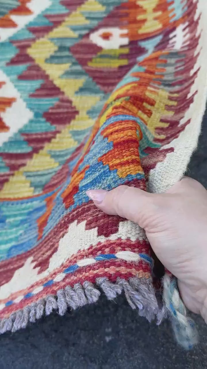 3x4 Handmade Afghan Kilim Rug | Burnt Rust Orange Teal Maroon Denim Blue Ivory Olive Moss Green Mustard Gold Charcoal | Wool Flatwoven