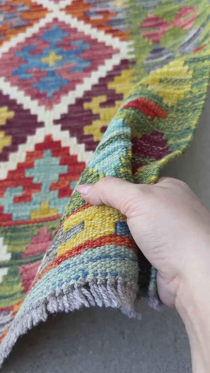 3x4 Handmade Afghan Kilim Rug | Olive, Moss, Cream, Sand, Teal, Aqua, Blue, Navy, Red, Orange, Copper, Gold, Plum, Mauve, Grey | Wool
