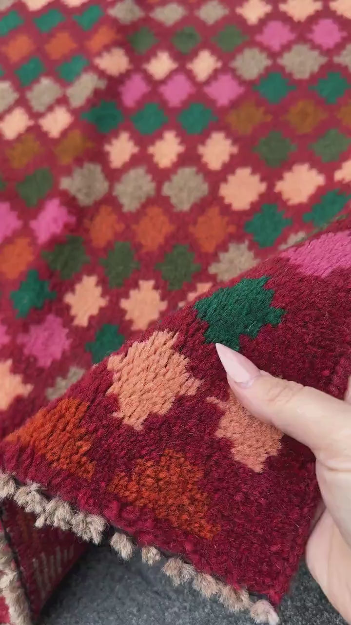 2x3 Handmade Vintage Afghan Baluch Rug | Rust Red Burnt Orange Pine Moss Green Peach Rose Pink Grey Copper Brown | Wool Geometric
