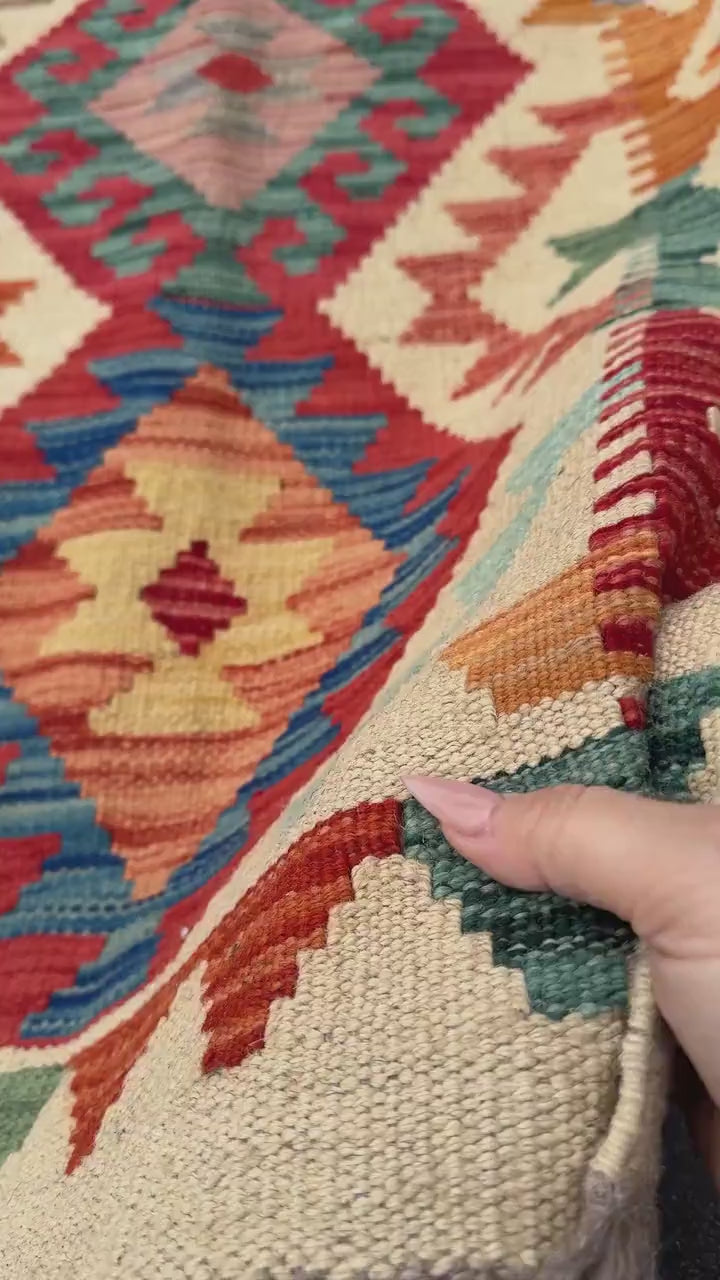 2x6 (61x182) Handmade Afghan Kilim Runner Rug | Cream Scarlet Crimson Red Orange Coreal Peach Teal Royal Baby Sky Blue | Wool Flatweave