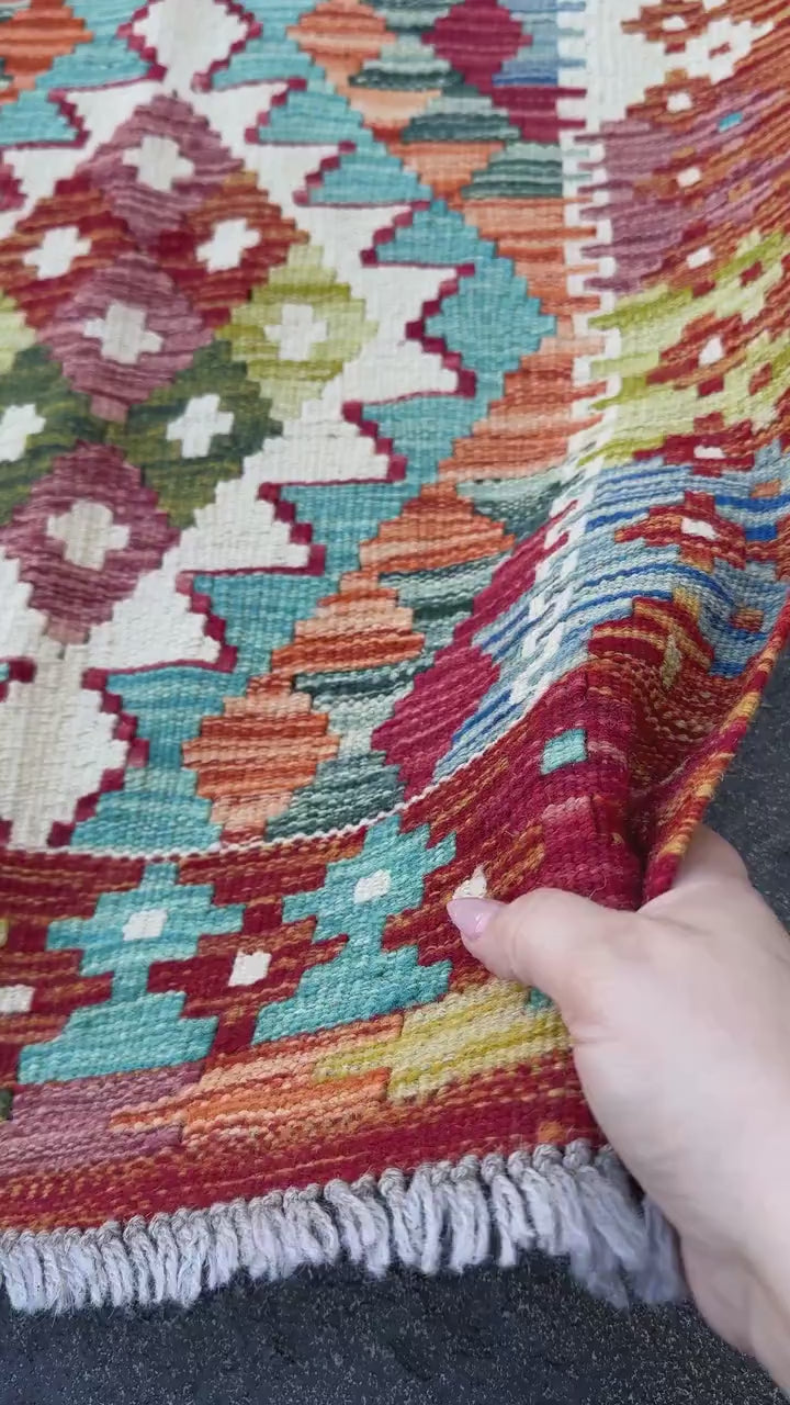 2x5 Handmade Afghan Kilim Runner Rug | Blood Red Olive Moss Green Denim Blue Ivory Orange Teal Turquoise Cream | Wool Flatwoven