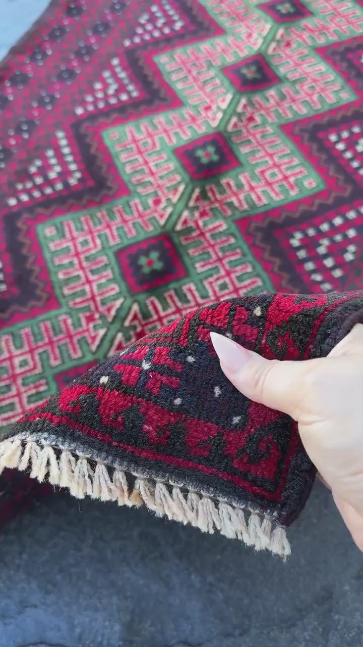 3x4-5 (91x130) Handmade Vintage Afghan Baluch Rug | Crimson Maroon Burgundy Red White Black Ivory Forest Pine Green Burnt Orange | Wool