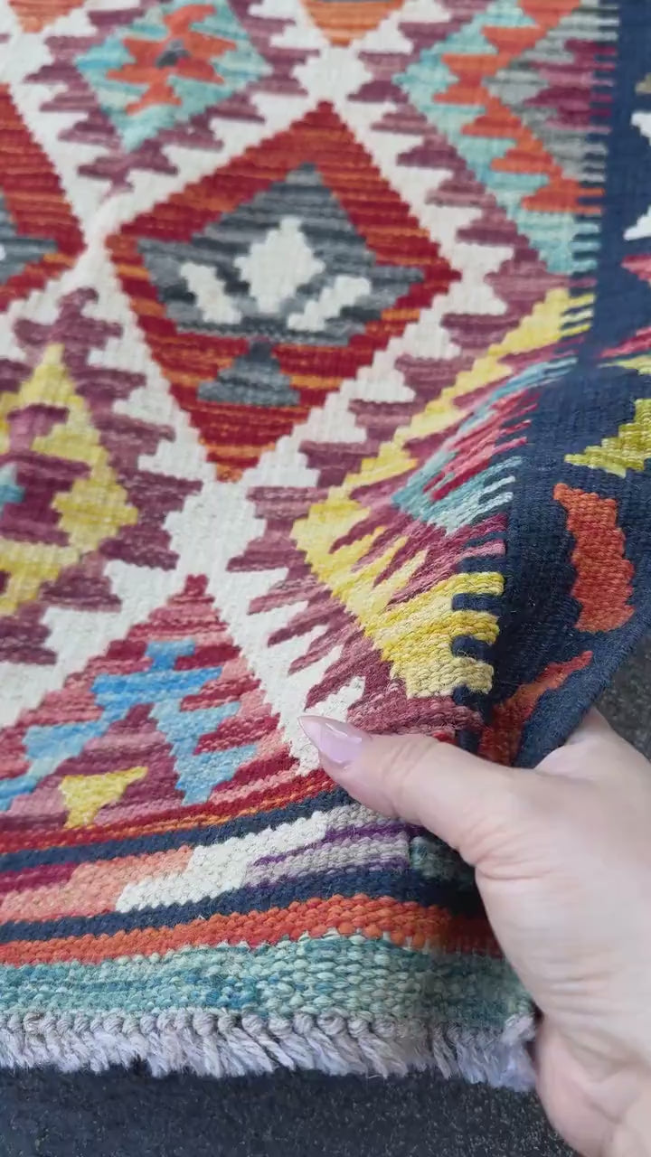 2x5 Handmade Afghan Kilim Runner Rug | Navy Denim Baby Blue Teal Crimson Blood Brick Red Orange Coral White Maroon Auburn Grey Yellow | Wool
