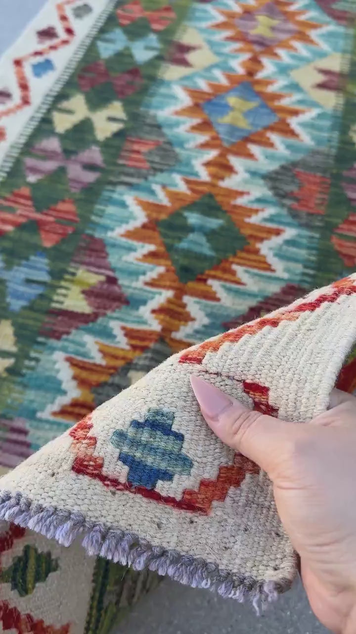 2x5 Handmade Afghan Kilim Runner Rug | Forest Pine Emerald Olive Green Denim Aqua Blue Burnt Orange Saffron Yellow Purple White Cream | Wool