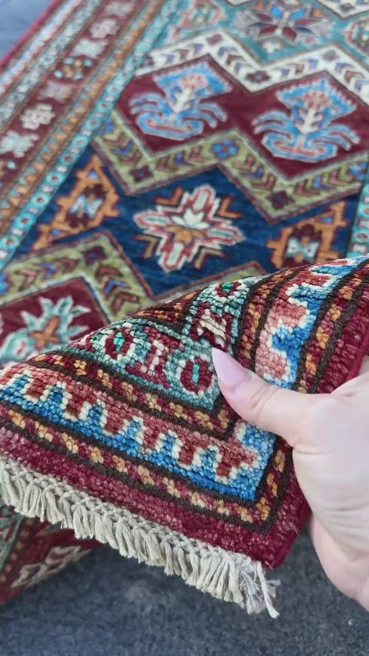 3x10 Handmade Afghan Wool Runner Rug | Brick Red and Turquoise Tribal Geometric Hallway Runner | Navy and Gold | Hand-Knotted Carpet