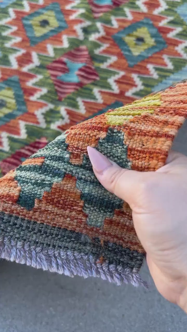 3x4 Handmade Afghan Kilim Runner Rug | Burnt Orange Rust Brick Red Olive Moss Forest Green Navy Teal Aqua Blue Cream White Grey Black | Wool