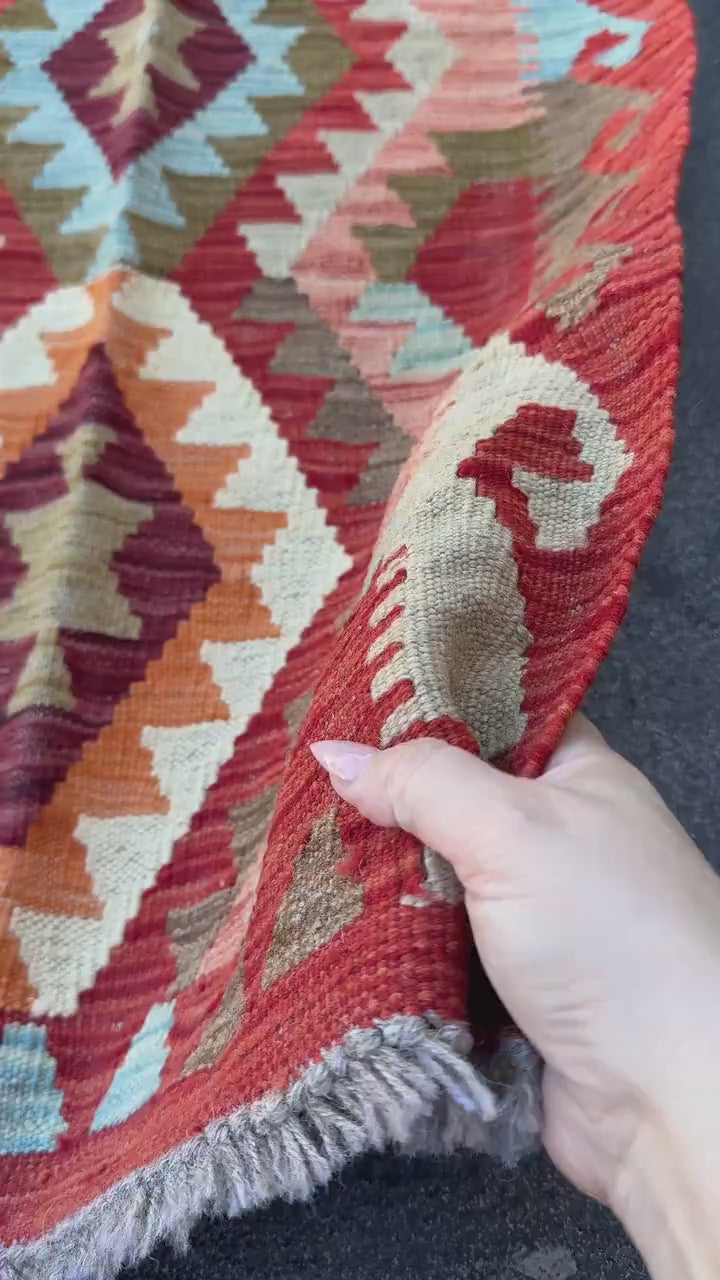 2x7 Handmade Afghan Kilim Runner Rug | Blood Brick Red Maroon Orange Cream Moss Green Chocolate Brown Grey Denim | Wool Turkish