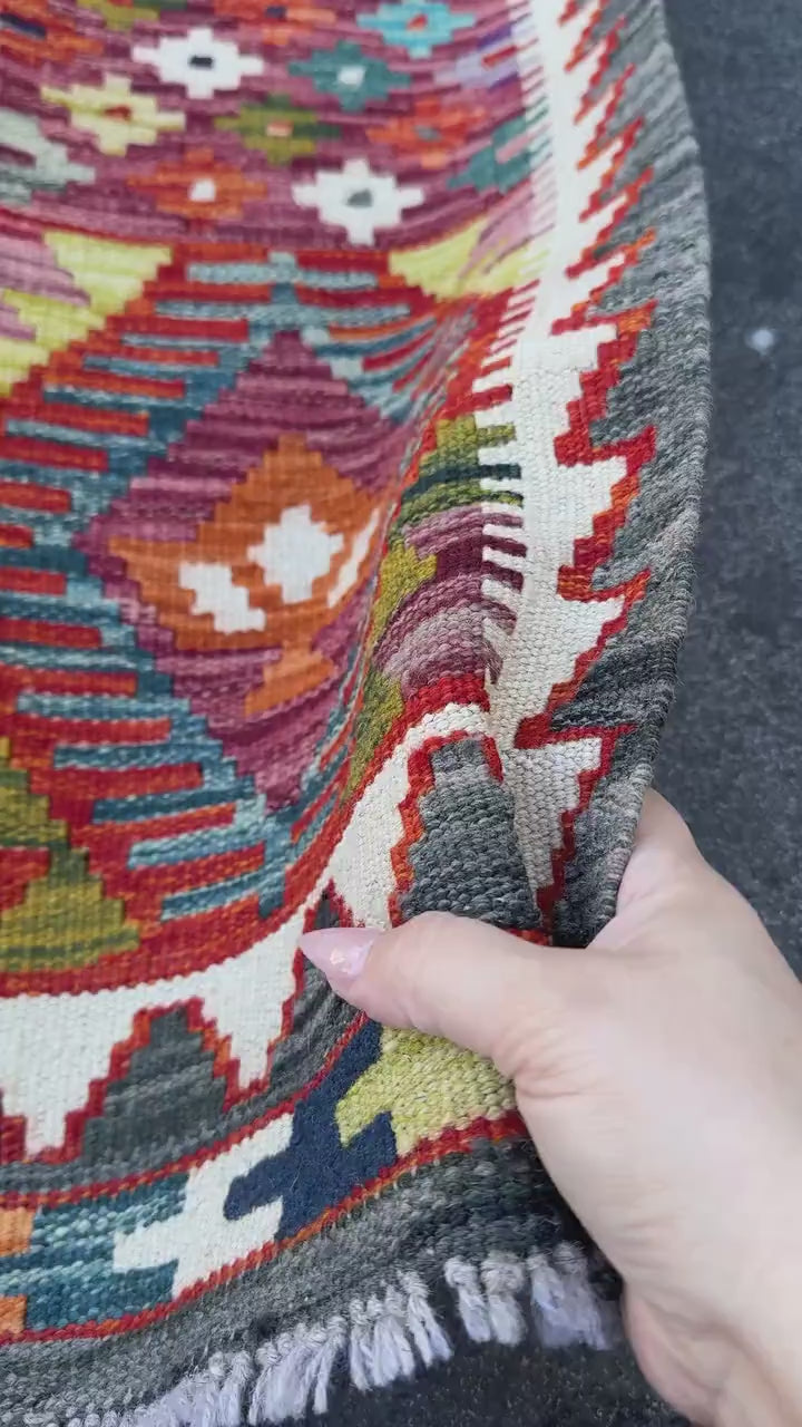 2x5 Handmade Afghan Kilim Runner Rug | Crimson Scarlet Brick Red Black Grey White Denim Aqua Blue Orange Moss Olive Green Purple | Wool