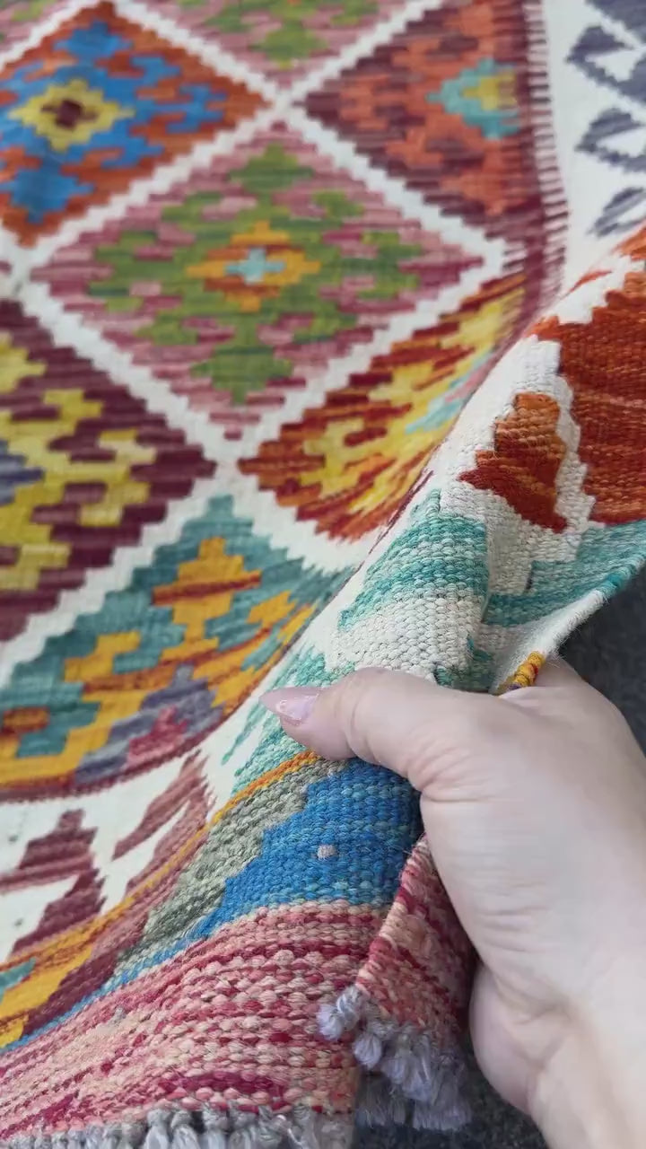 3x4 Handmade Afghan Kilim Rug | Rust Red Burnt Orange Cream White Mustard Yellow Olive Green Teal Aqua Blue Navy Purple Grey | Flatwoven