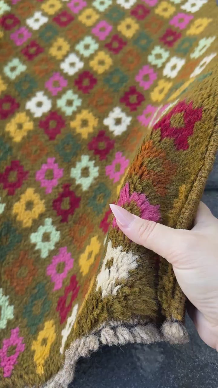 3x10 Handmade Vintage Afghan Baluch Runner Rug | Chocolate Brown Rose Pink Cream White Rust Orange Brick Red Mint Pine Green Mustard Gold