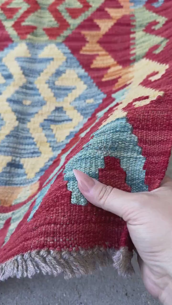 2x3 Handmade Afghan Kilim Rug | Blood Red Mustard Yellow Aqua Teal Mint Olive Moss Green Orange Gold | Wool Flatwoven