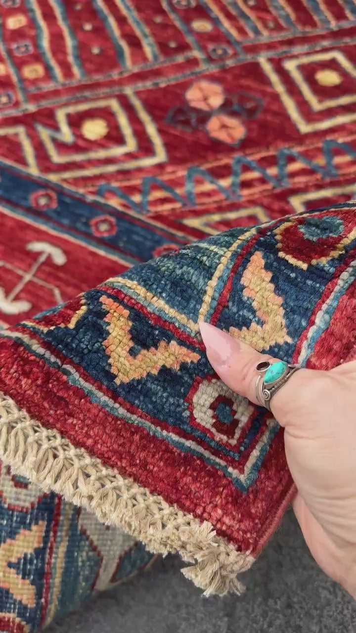 9x12 Handmade Afghan Wool Rug | Bold Red & Blue Tribal Medallion Rug | Large Heirloom Area Rug