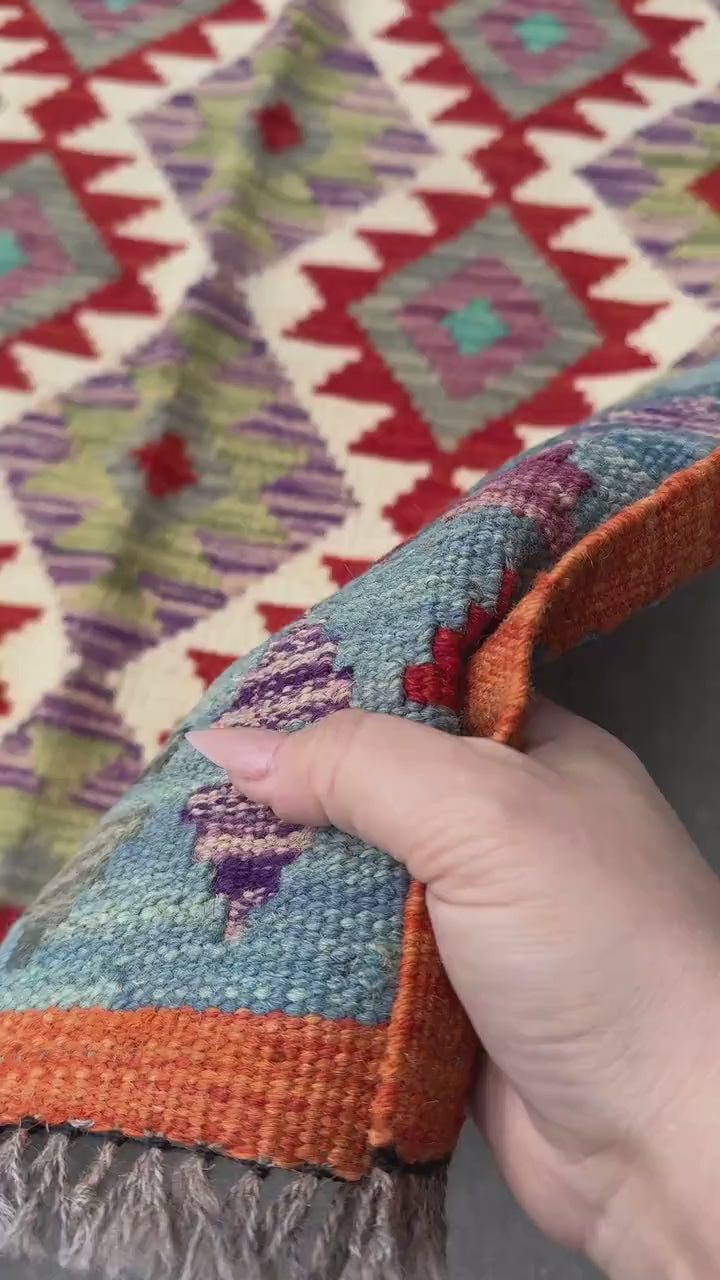 3x6 Handmade Afghan Kilim Runner Rug | Orange Scarlet Blood Red Cream Denim Prussian Turquoise Blue Moss Sage Pine Green Purple Grey | Wool