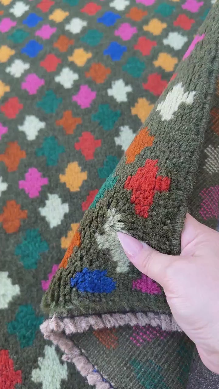 4x6 Handmade Vintage Afghan Baluch Rug | Pine Forest Mint Green Burnt Orange Copper Brown Navy Blue Rose Pink Mustard Yellow Gold | Wool