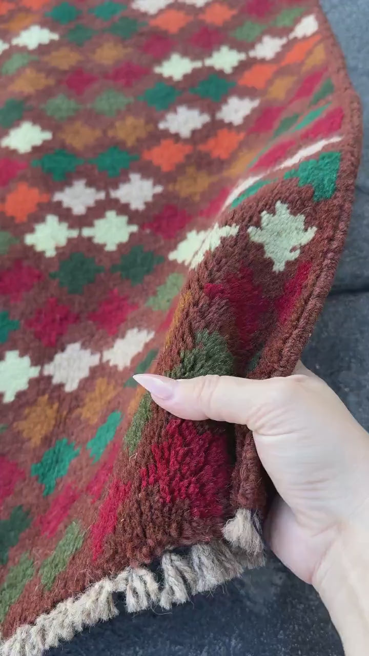 3x9 (90x275) Handmade Vintage Afghan Baluch Runner Rug | Chocolate Brown Forest Pine Moss Green Mint Cream White Burnt Orange Brick Red