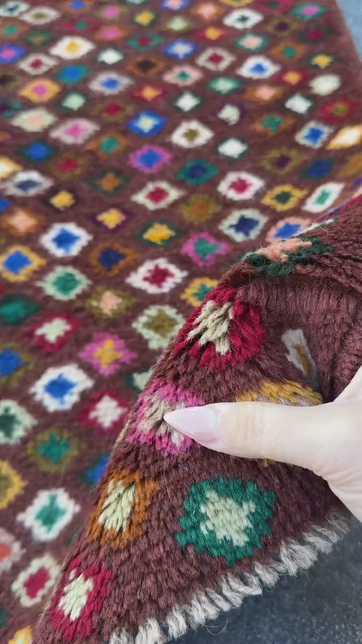 3x5 Handmade Vintage Afghan Baluch Rug | Chocolate Copper Brown Brick Red Peach Burnt Orange Forest Olive Mint Green Navy Blue White