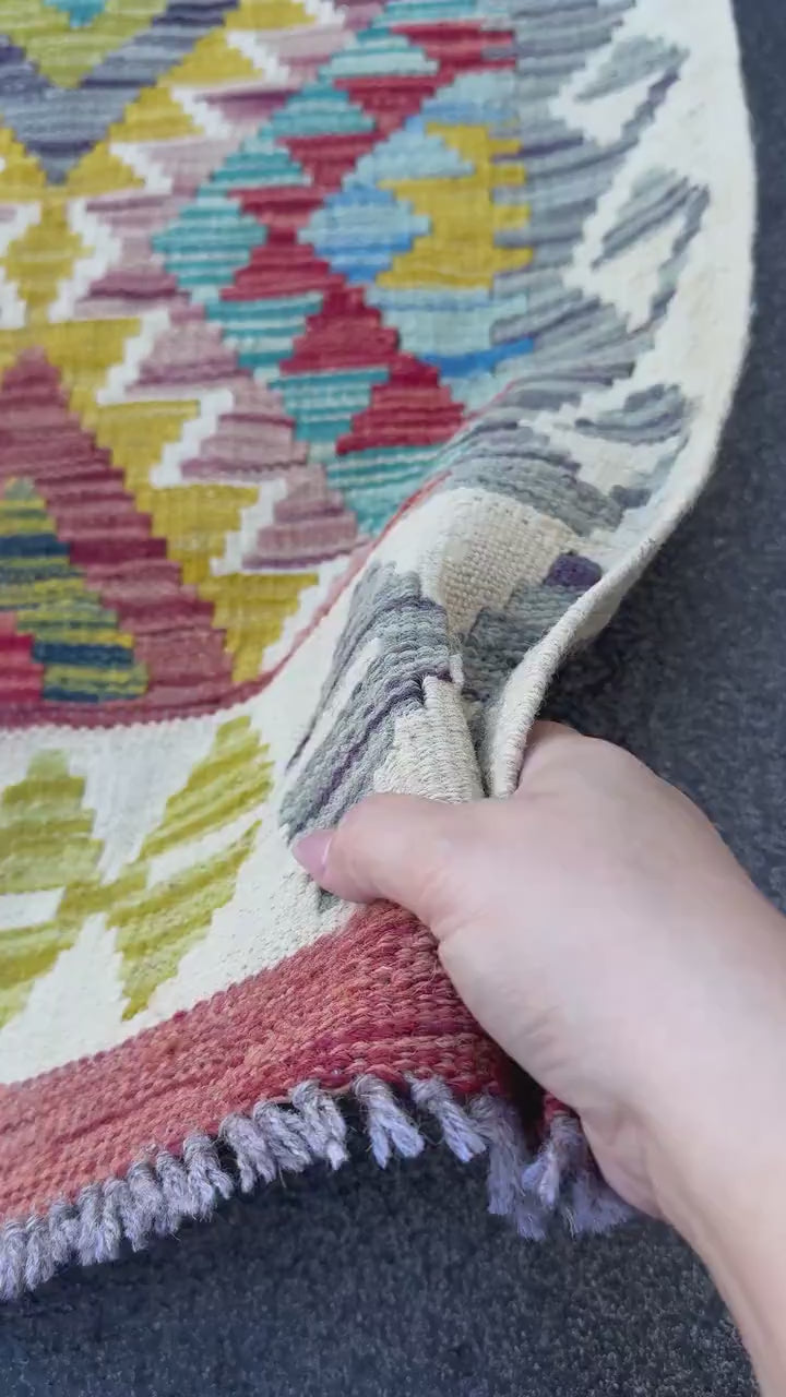 3x4 Handmade Afghan Kilim Rug | Cream White Lilac Purple Charcoal Grey Aqua Teal Burnt Orange Olive Green Mustard Yellow | Wool Flatwoven