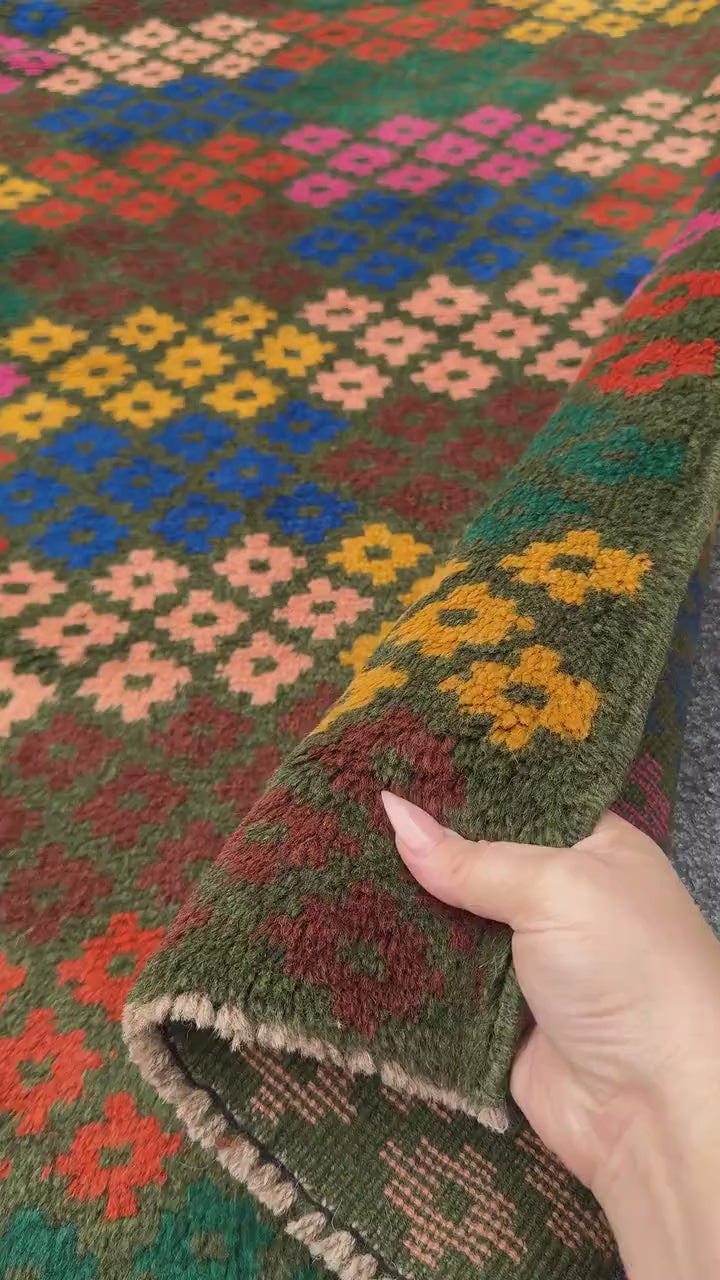 4x6 Handmade Vintage Afghan Baluch Rug | Charcoal Grey Rose Salmon Pink Peach Mustard Yellow Gold Navy Blue Forest Burnt Orange Chocolate