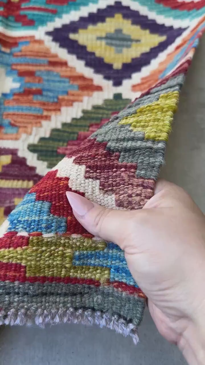 2x3 Handmade Afghan Kilim Rug | Cream Beige White Burnt Orange Moss Green Maroon Rust Red Teal Aqua Mustard Yellow Charcoal Grey Denim Blue