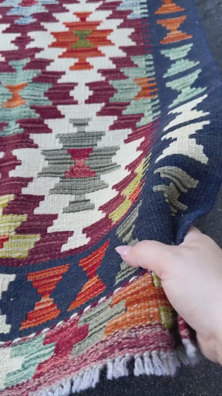 2x5 Handmade Afghan Kilim Runner Rug | Navy Blue Cream Red Orange Aqua Teal Mint Olive Moss Gold Copper Plum Mauve Grey | Wool Flatwoven