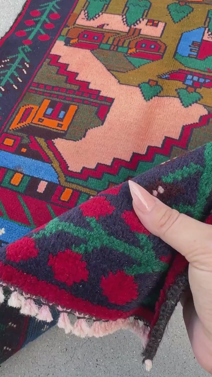 3x4 (91x121) Handmade Vintage Afghan Baluch Rug | Moss Olive Forest Green Peach Coral Burnt Orange Black Denim Midnight Blue Cream | Wool