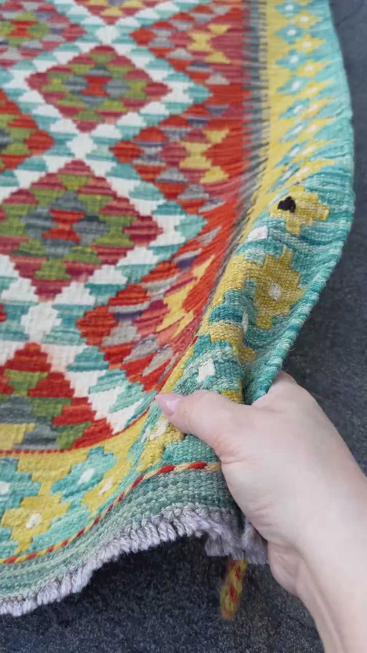 4x5 (121x152) Handmade Afghan Kilim Rug | Burnt Orange Teal Ivory Olive Moss Green Charcoal Light Grey Red Mustard | Wool Flatweave