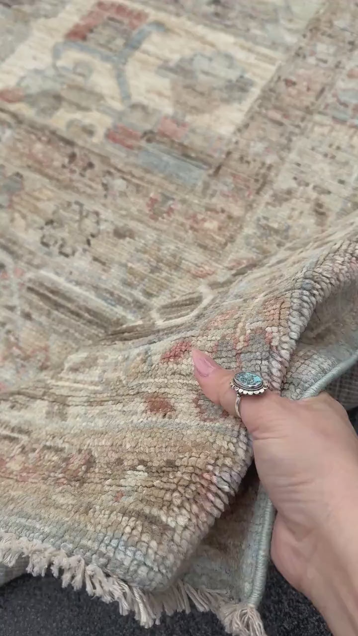 10x14 Handmade Afghan Wool Rug | Traditional Medallion Design | Taupe And Blue Area Rug