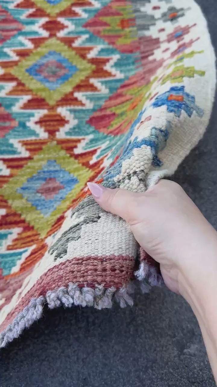 3x5 (91x152) Handmade Afghan Kilim Rug | Teal Burnt Orange Rust Red Cream White Mustard Yellow Olive Green Aqua Blue Navy Purple Grey | Wool