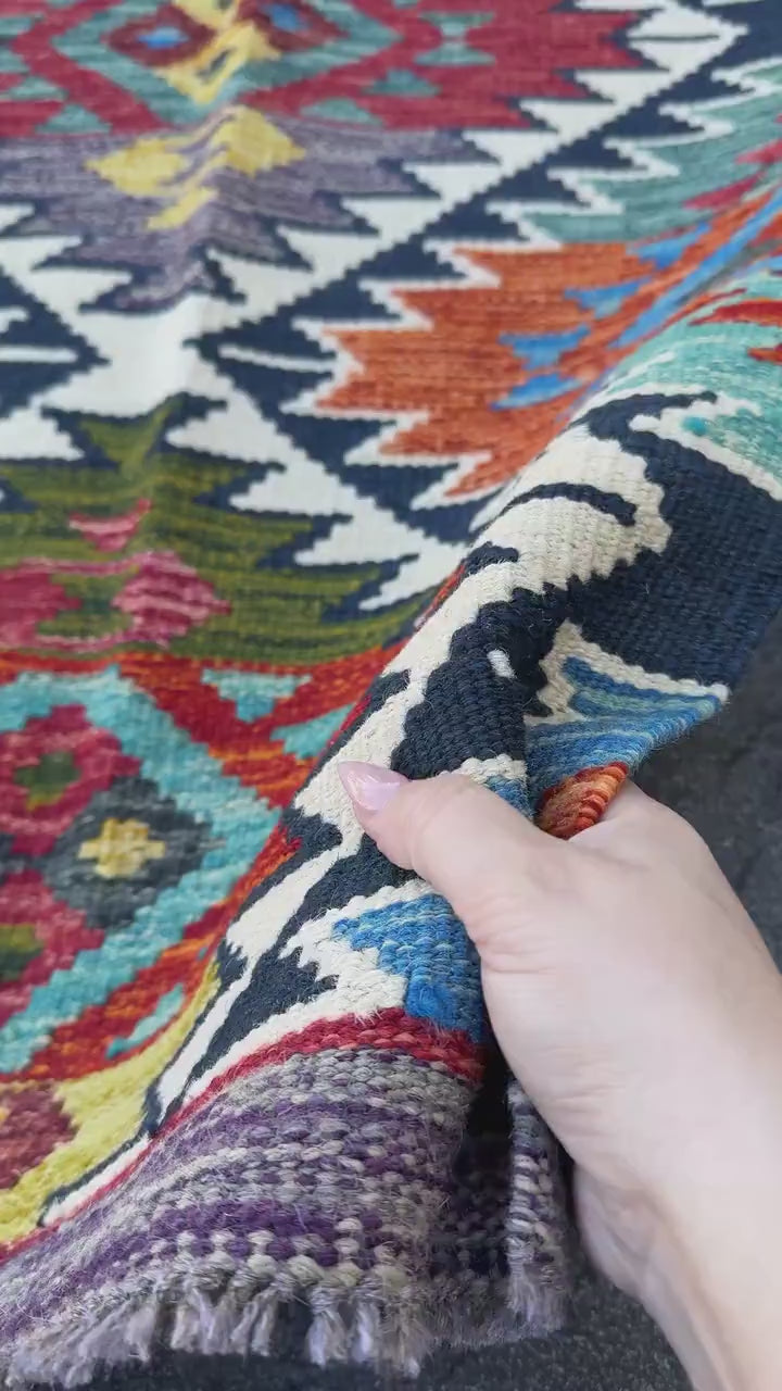 2x5 Handmade Afghan Kilim Runner Rug | Cream White Aqua Sky Blue Navy Blue Burnt Orange Brick Red Burgundy Moss Green Mustard Pink Purple