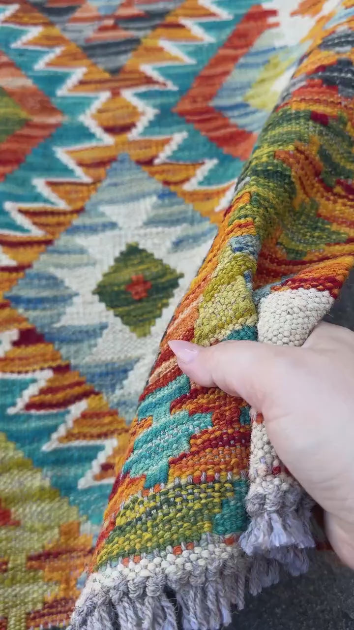 3x4 Handmade Afghan Kilim Rug | Burnt Orange Teal Cream White Mustard Yellow Olive Green Rust Red Aqua Blue Navy Grey | Wool Flatwoven