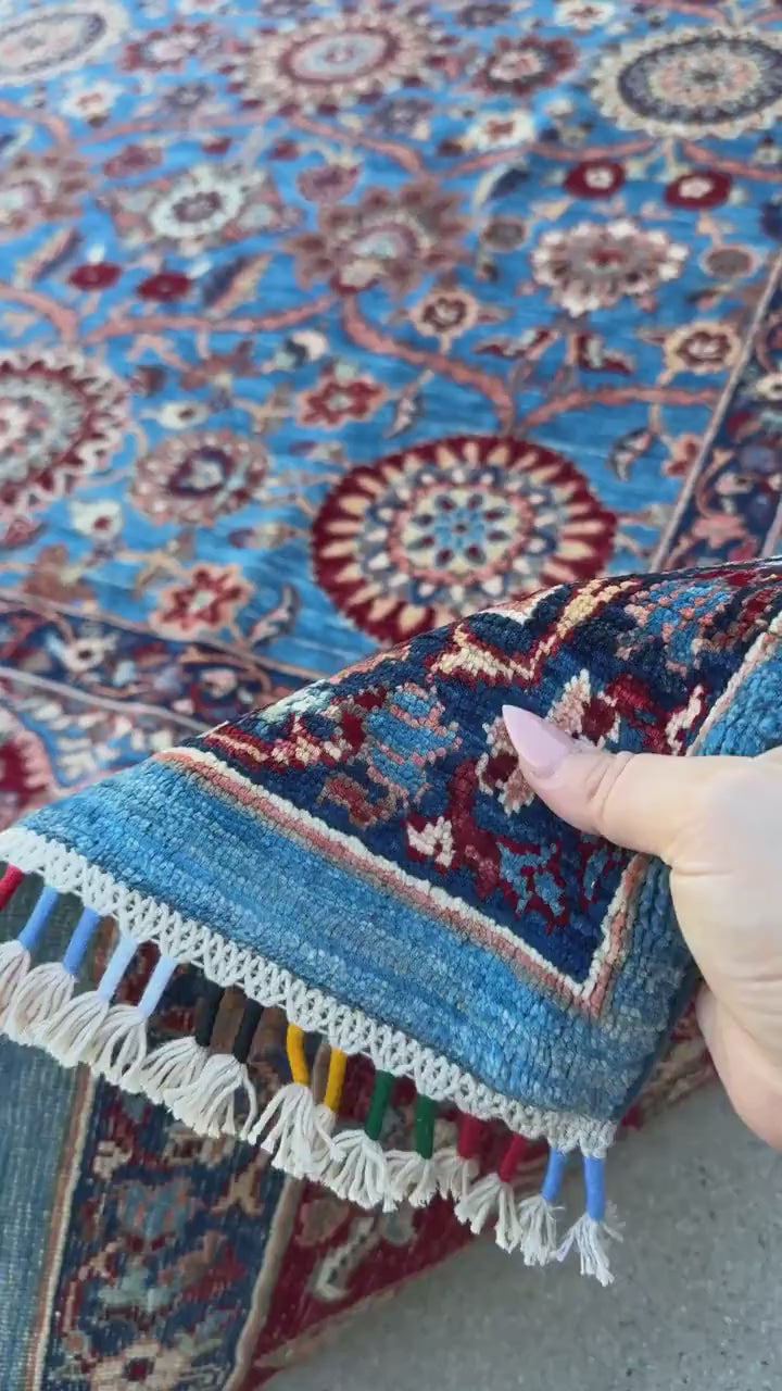 9x12 Handmade Afghan Wool Rug | Sky Blue Floral Rosette Area Rug with Crimson Red Border | Navy and Ivory | Hand-Knotted Fine Carpet