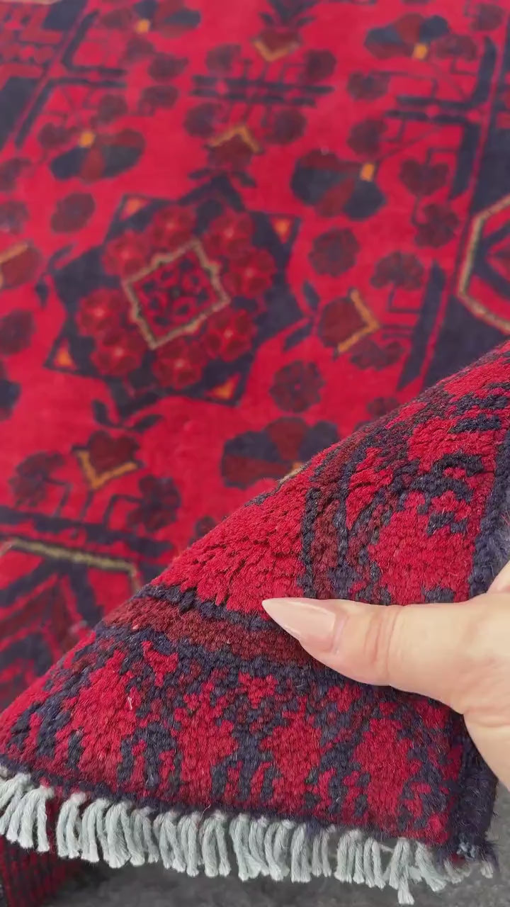 3x4 (91x121) Handmade Afghan Rug | Crimson Scarlet Blood Red Midnight Blue Cream Orange | Wool Khal Mohammadi Traditional Floral