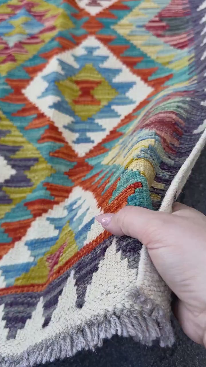 3x4 Handmade Afghan Kilim Rug | Cream Olive Moss Green Teal Turquoise Burnt Orange Charcoal Grey Chocolate Denim Light Blue | Wool Flatwoven